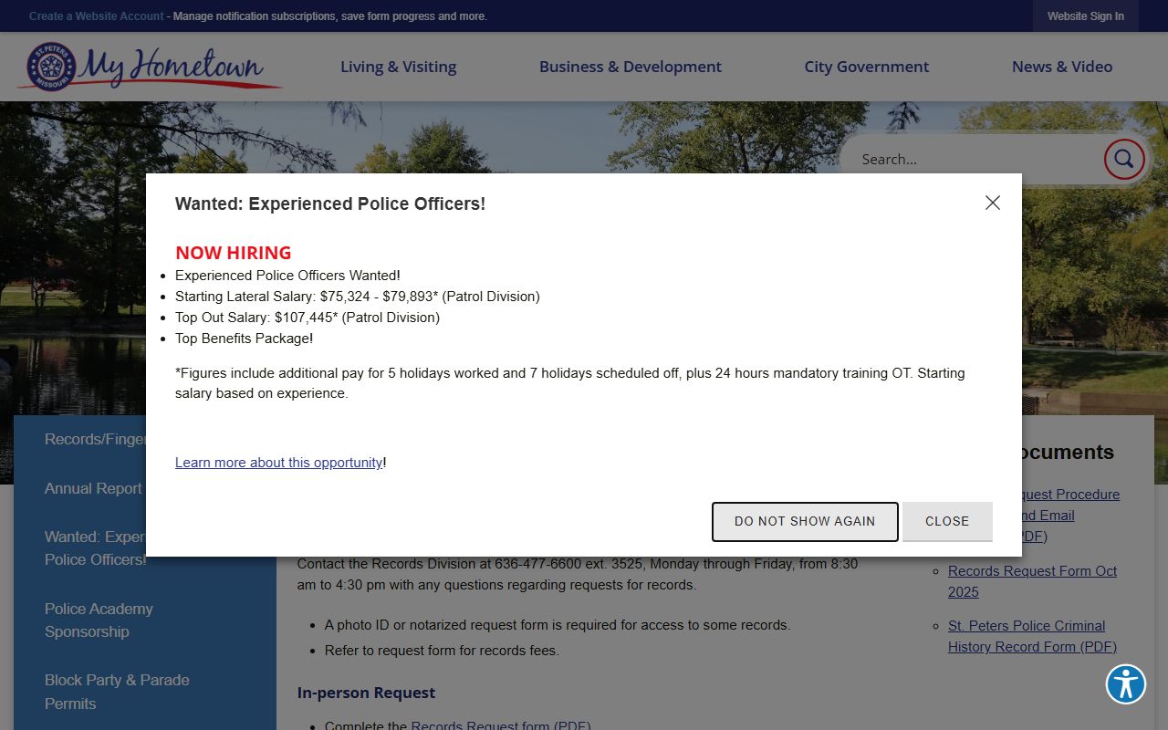 St. Peters Police Records Division for recent bookings requests