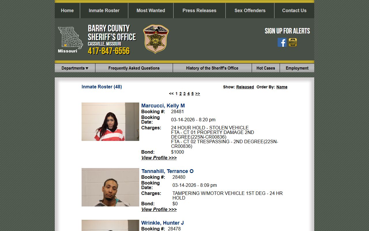 Barry County Sheriff inmate roster showing recent bookings in Cassville Missouri