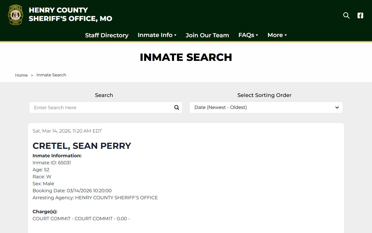 Henry County Sheriff inmate search tool for recent bookings