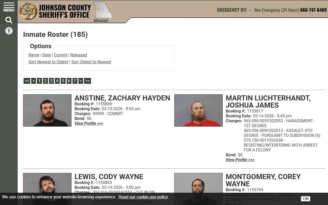 Jackson County inmate roster showing recent bookings with mugshots
