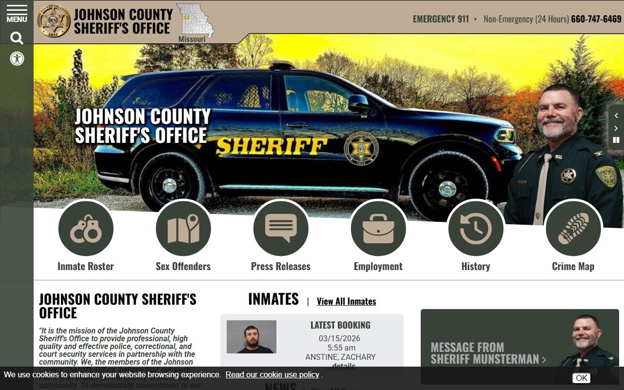 Johnson County Sheriff's Office website for recent bookings