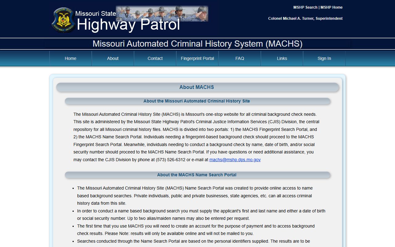 MACHS about page explaining Missouri recent bookings search options