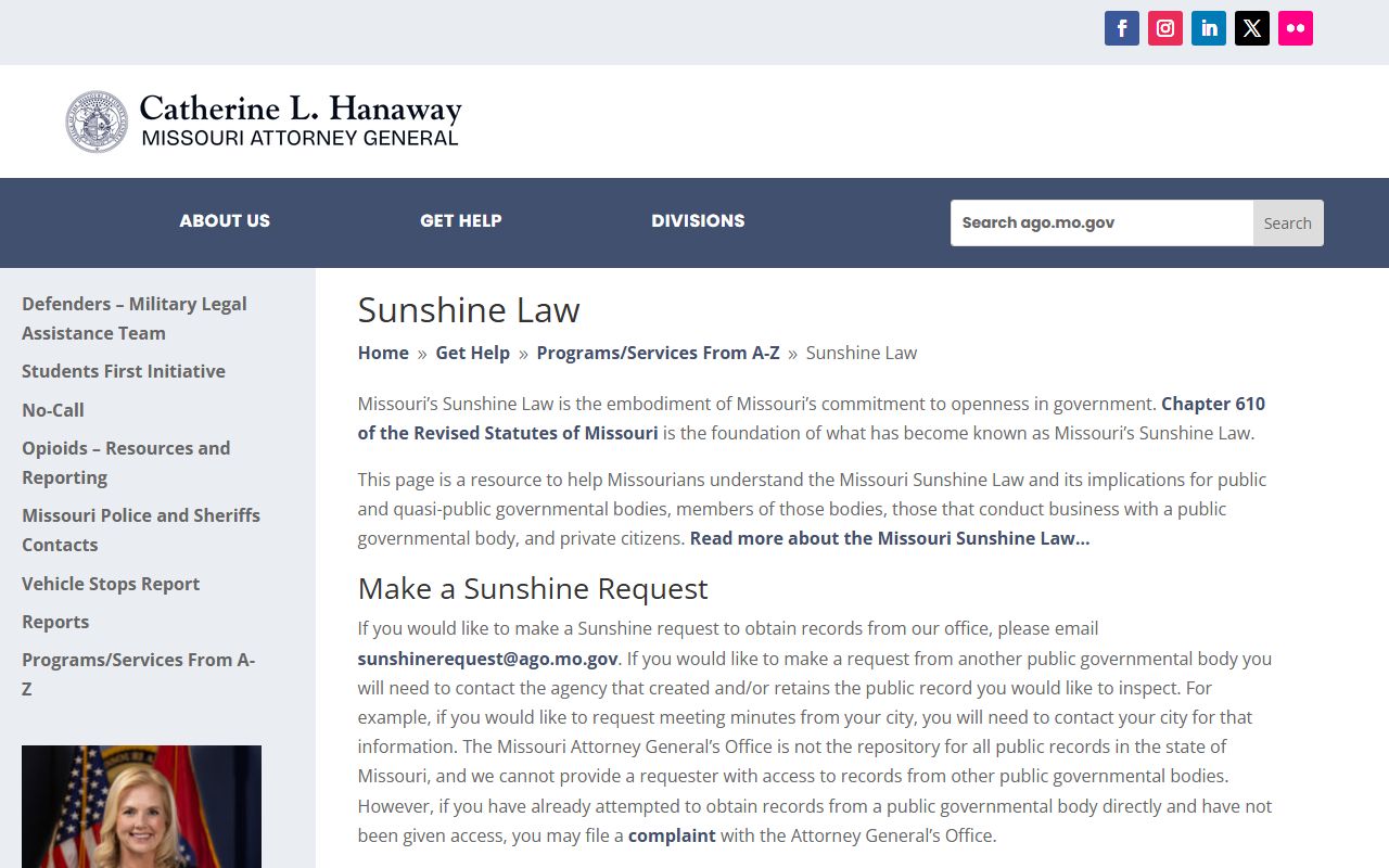 Missouri Attorney General Sunshine Law page for public records access to recent bookings